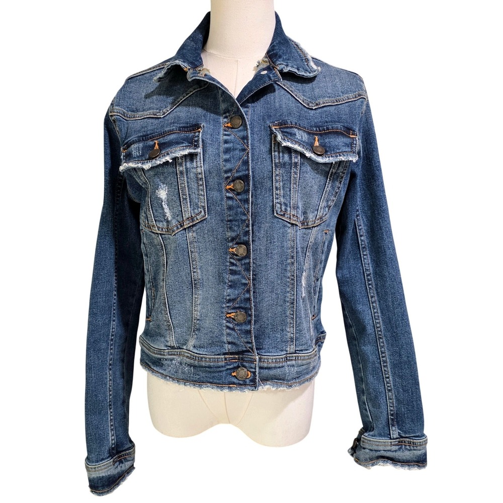 Zara Denim Jacket Womens L BlueDistressed Raw Hem Trucker